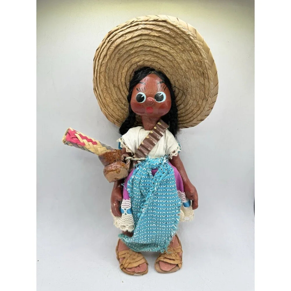 Vintage Jamaican Village Lady Blue Dress Doll w/ Papoose Floppy Hat & Water Jug